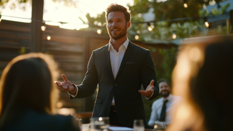 Business man delivering motivating business speech