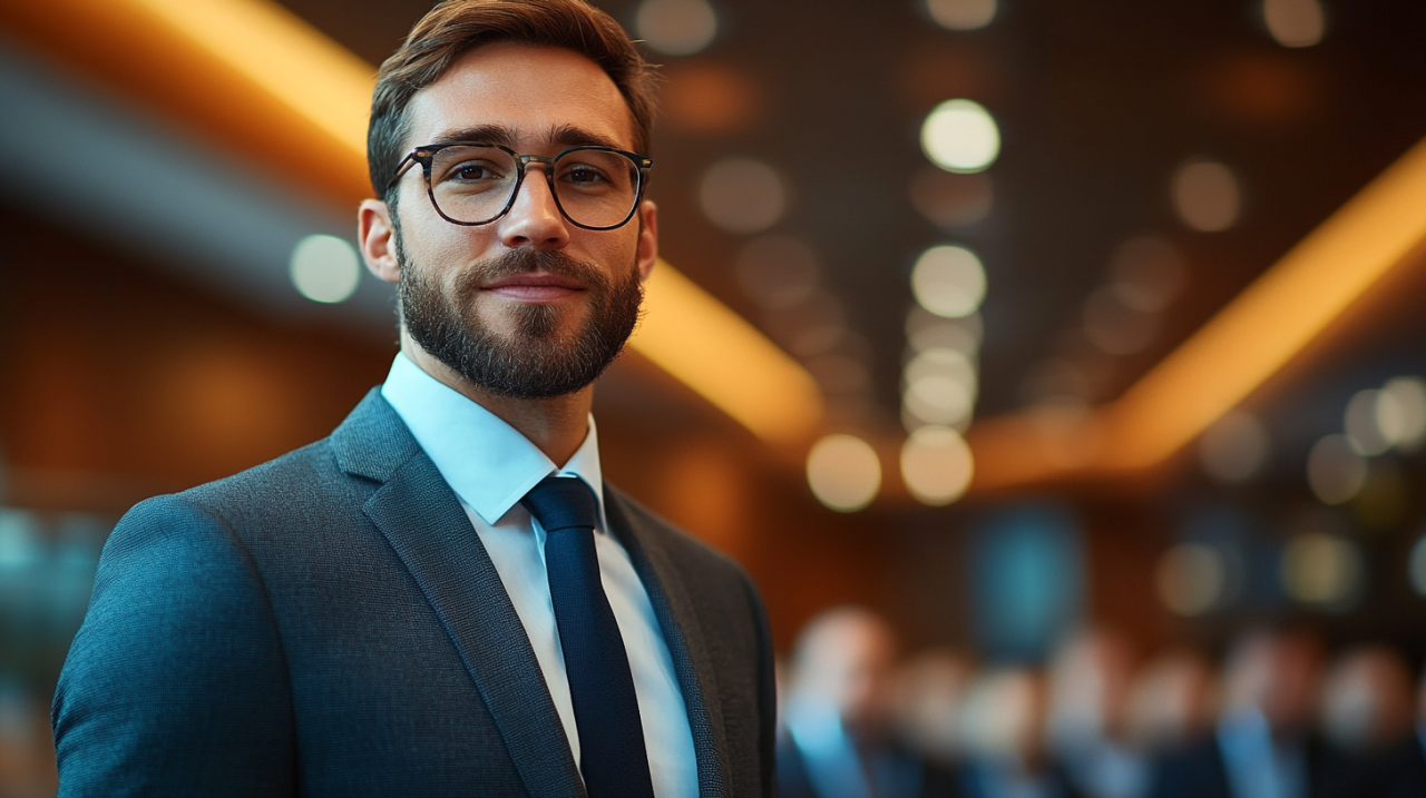 Start-up founder posing confidently because of a great speech given with the help of AI speech writer tool