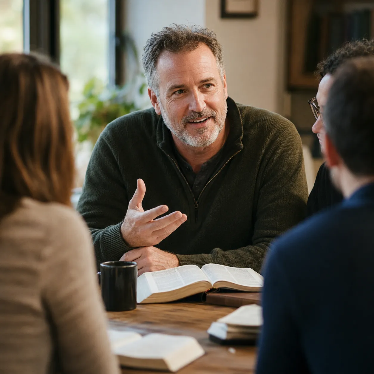 A small group in conversation around a table with an open Bible