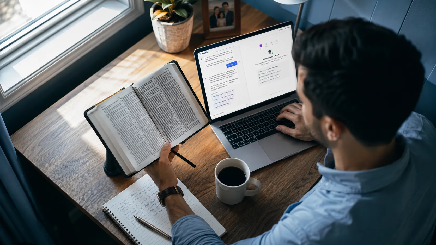 A person writing a devotional with an open Bible