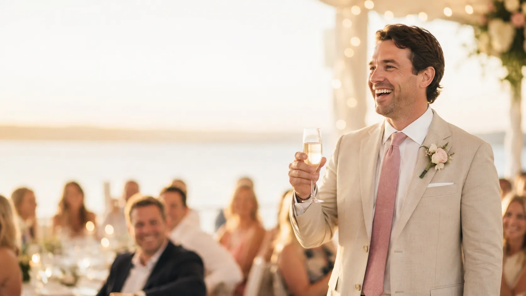 A groom raising a glass to give a toast at a sunset waterside wedding, guests laughing behind him
