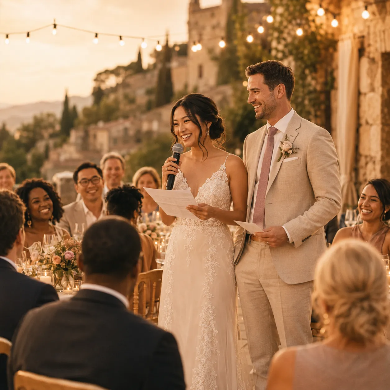 A couple giving a wedding speech together at an outdoor reception