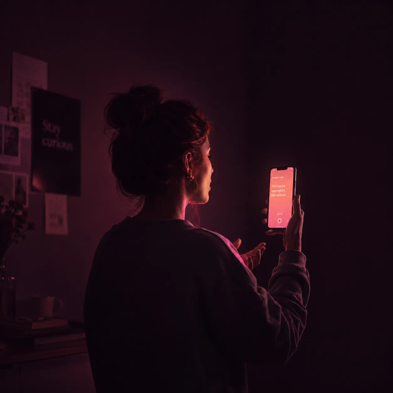 A person rehearsing their speech from a phone teleprompter in a softly lit room
