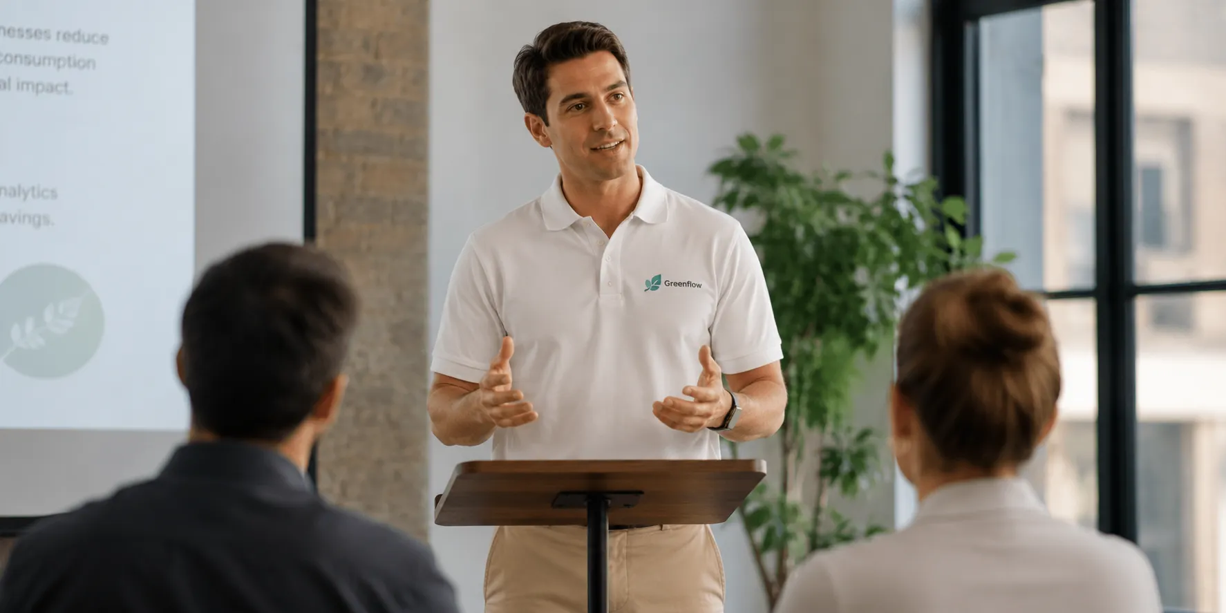 A man in a branded polo shirt presenting confidently from a lectern to a small seated audience